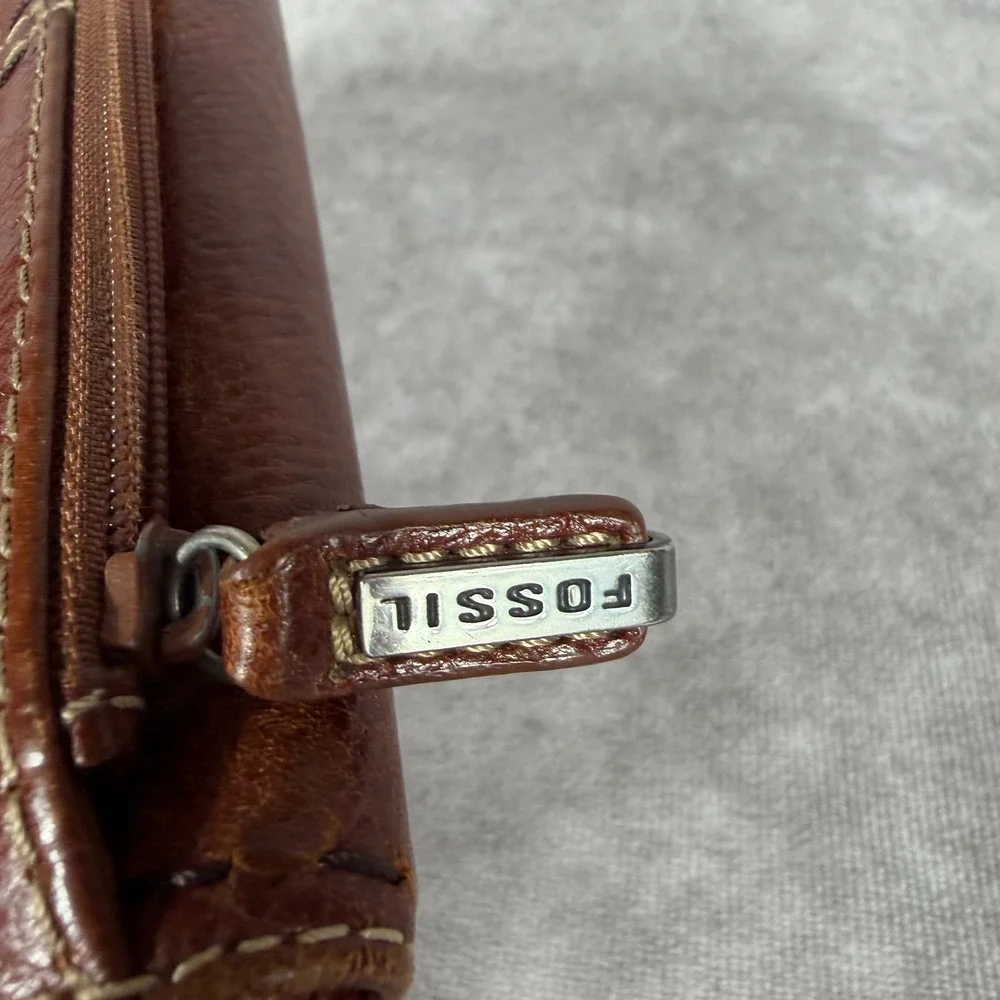 Vtg 90s Y2K Fossil Brown Leather Trifold Wallet Checkbook Holder Contrast Stitch